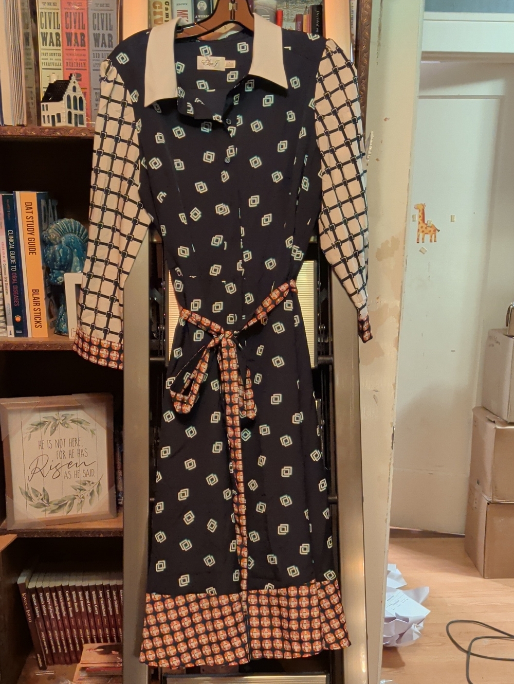 Eliza J Navy Geometric Midi Dress with Cream Collar